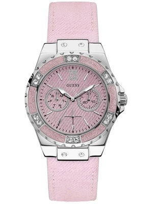 Guess Limelight Quartz Diamonds Pink Dial Pink Denim Strap Watch For Women - W0775l15 Authentic Buy Shop Now