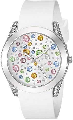 Guess Wanderlust Crystals Silver Dial White Rubber Strap Watch for Women - W1059L1 Authentic Buy Shop Now