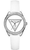 Guess Mini Triangle Quartz Diamonds Silver Dial White Leather Strap Watch For Women - W65006L1 Authentic Buy Shop Now