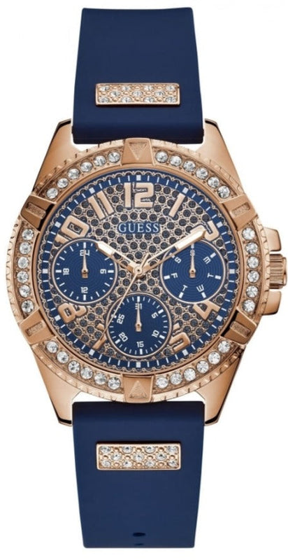 Guess Frontier DIamonds Gold Dial Blue Rubber Strap Watch For Women - W1160L3 Authentic Buy Shop Now