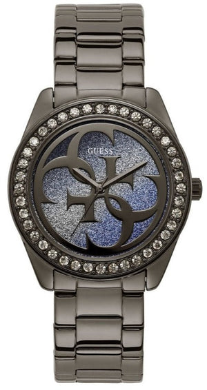 Guess G Twist Diamonds Purple Dial Black Steel Strap Watch For Women - W1201L4 Authentic Buy Shop Now