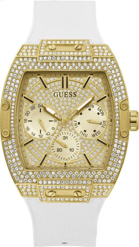 Guess Phoenix Multifunction Quartz Gold Dial White Silicon Strap Watch For Men - GW0048G3 Authentic Buy Shop Now