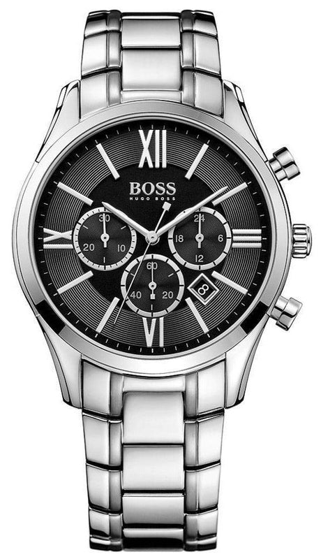 Hugo Boss Ambassador Chronograph Black Dial Silver Steel Strap Watch For Men - HB1513196 Authentic Buy Shop Now