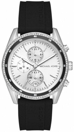 Michael Kors Hadyn Chronograph Silver Dial Black Rubber Strap Watch for Women - MK7486 Authentic Buy Shop Now