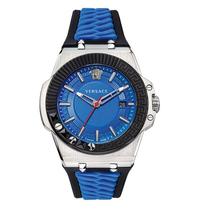 Versace Chain Reaction Quartz Blue Dial Blue & Black Leather Strap Watch for Men - VEDY00119 Authentic Buy Shop Now