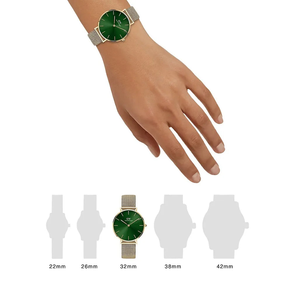 Daniel Wellington Petite Emerald Green Dial Gold Mesh Strap Watch For Women - DW00100480 Authentic Buy Shop Now