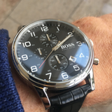 Hugo Boss Aeroliner Chronograph Black Dial Black Leather Strap Watch For Men - 1512448 Authentic Buy Shop Now