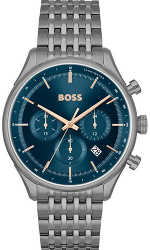 Hugo Boss Gregor Chronograph Blue Dial Grey Steel Strap Watch For Men - 1514083 Authentic Buy Shop Now