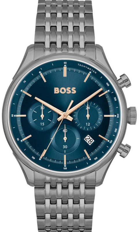 Hugo Boss Gregor Chronograph Blue Dial Grey Steel Strap Watch For Men - 1514083 Authentic Buy Shop Now
