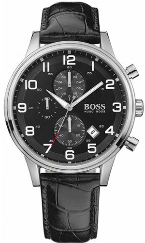 Hugo Boss Aeroliner Chronograph Quartz Black Dial Black Leather Strap Watch For Men - HB1512448 Authentic Buy Shop Now