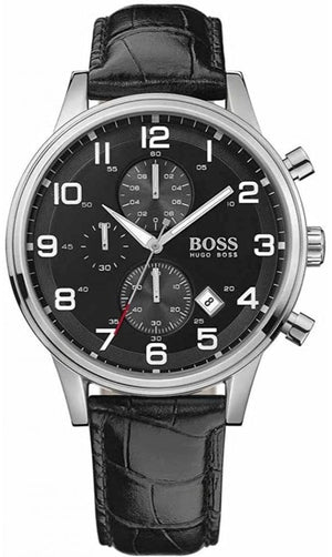 Hugo Boss Aeroliner Chronograph Black Dial Black Leather Strap Watch For Men - 1512448 Authentic Buy Shop Now