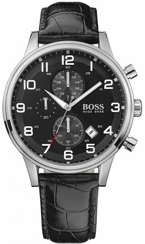 Hugo Boss Aeroliner Chronograph Black Dial Black Leather Strap Watch For Men - 1512448 Authentic Buy Shop Now