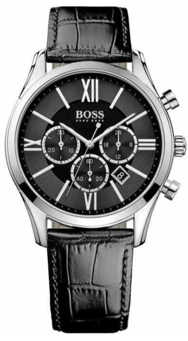 Hugo Boss Ambassador Chronograph Quartz Black Dial Black Leather Strap Watch For Men - HB1513194 Authentic Buy Shop Now