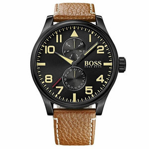 Hugo Boss Aeroliner Maxx Chronograph Black Dial Brown Leather Strap Watch For Men - 1513082 Authentic Buy Shop Now