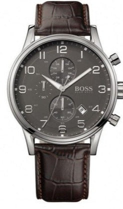 Hugo Boss Aeroliner Chronograph Quartz Grey Dial Brown Leather Strap Watch For Men - HB1512570 Authentic Buy Shop Now