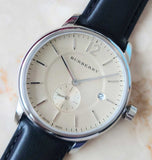 Burberry The Classic Horseferry Beige Dial Black Leather Strap Watch for Men - BU10000 Authentic Buy Shop Now