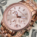 Michael Kors Ritz Chronograph Rose Gold Dial Rose Gold Steel Strap Watch for Women - MK6077 Authentic Buy Shop Now