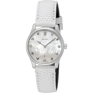 Gucci G-Timeless Mother of Pearl White Dial White Leather Strap Watch For Women - YA126597 Authentic Buy Shop Now