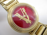 Versace Virtus Mini Quartz Red Dial Gold Steel Strap Watch For Women - VET300321 Authentic Buy Shop Now