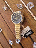 Hugo Boss Globetrotter Chronograph Black Dial Gold Steel Strap Watch for Men - 1513932 Authentic Buy Shop Now