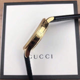Gucci Eryx Automatic Chevron Gold Dial Black Leather Strap Watch For Men - YA126340 Authentic Buy Shop Now