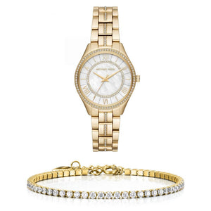 Michael Kors Lauryn Mother of Pearl White Dial Gold Steel Strap Watch for Women - MK3899 Authentic Buy Shop Now