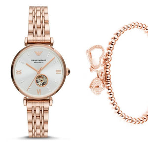 Emporio Armani Gianni T-Bar Silver Dial Rose Gold Steel Strap Watch For Women - AR60023 Authentic Buy Shop Now