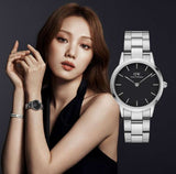 Daniel Wellington Iconic Link Black Dial Silver Steel Strap Watch For Women - DW00100208 Authentic Buy Shop Now