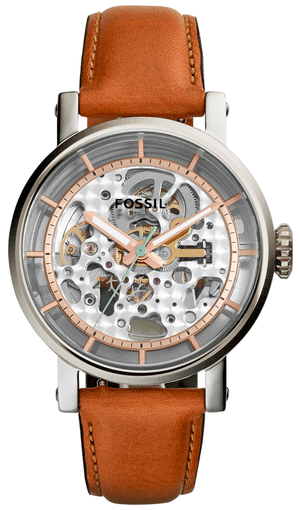 Fossil Boyfriend Automatic Skeleton Silver Dial Brown Leather Strap Watch for Women - ME3109 Authentic Buy Shop Now