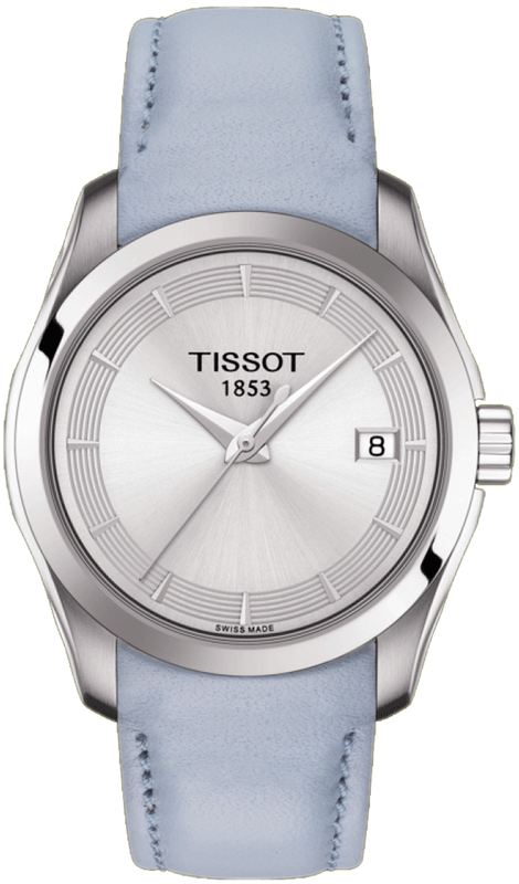 Tissot T Classic Couturier Silver Dial Light Blue Leather Strap Watch For Women - T035.210.16.031.02 Authentic Buy Shop Now
