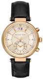 Michael Kors Sawyer Champagne Dial Black Leather Strap Watch for Women - MK2433 Authentic Buy Shop Now