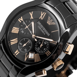Emporio Armani Valente Ceramica Chronograph Black Dial Black Steel Strap Watch For Men - AR1410 Authentic Buy Shop Now