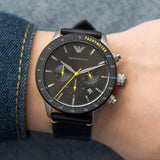 Emporio Armani Mario Chronograph Black Dial Black Leather Strap Watch For Men - AR11325 Authentic Buy Shop Now