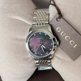 Gucci G Timeless Diamonds Mother of Pearl Black Dial Silver Steel Strap Watch For Women - YA126505 Authentic Buy Shop Now