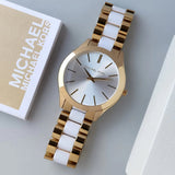 Michael Kors Slim Runway Quartz White Dial Two Tone Steel Strap Watch For Women - MK4295 Authentic Buy Shop Now
