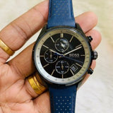 Hugo Boss Grand Prix Chronograph Black Dial Blue Leather Strap Watch for Men - 1513563 Authentic Buy Shop Now