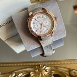 Michael Kors Sidney Chronograph White Dial Beige Leather Strap Watch For Women - MK6949 Authentic Buy Shop Now