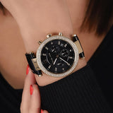 Michael Kors Parker Chronograph Black Dial Black Leather Strap Watch For Women - MK6984 Authentic Buy Shop Now