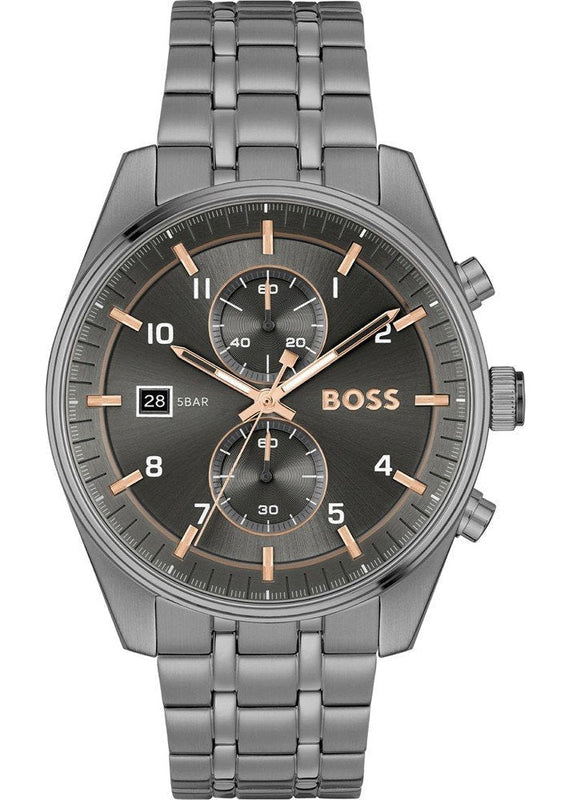 Hugo Boss Skytraveller Chronograph Gunmetal Grey Dial Grey Steel Strap Watch for Men - 1514153 Authentic Buy Shop Now