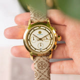 Tory Burch The Tory Chronograph White Dial Maroon Jacquard Strap Watch for Women - TBW1050 Authentic Buy Shop Now