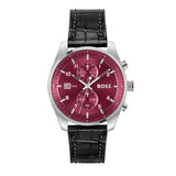 Hugo Boss Skytraveller Chronograph Burgundy Red Dial Black Leather Strap Watch for Men - 1514193 Authentic Buy Shop Now