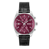 Hugo Boss Skytraveller Chronograph Burgundy Red Dial Black Leather Strap Watch for Men - 1514193 Authentic Buy Shop Now