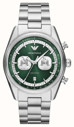 Emporio Armani Racer Chronograph Green Dial Silver Steel Strap Watch for Men - AR11637 Authentic Buy Shop Now