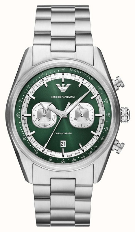 Emporio Armani Racer Chronograph Green Dial Silver Steel Strap Watch for Men - AR11637 Authentic Buy Shop Now