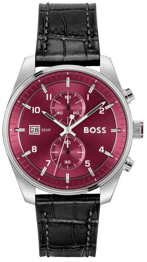 Hugo Boss Skytraveller Chronograph Burgundy Red Dial Black Leather Strap Watch for Men - 1514193 Authentic Buy Shop Now