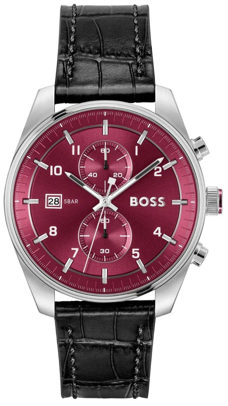 Hugo Boss Skytraveller Chronograph Burgundy Red Dial Black Leather Strap Watch for Men - 1514193 Authentic Buy Shop Now