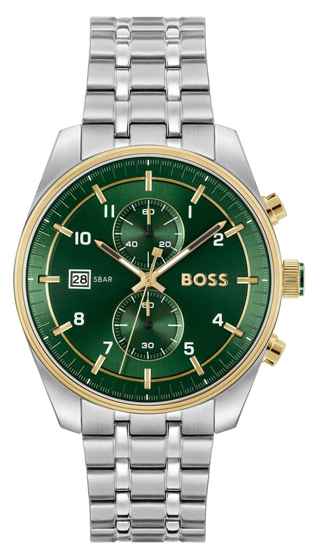 Hugo Boss Skytraveller Chronograph Green Dial Silver Steel Strap Watch for Men - 1514195 Authentic Buy Shop Now