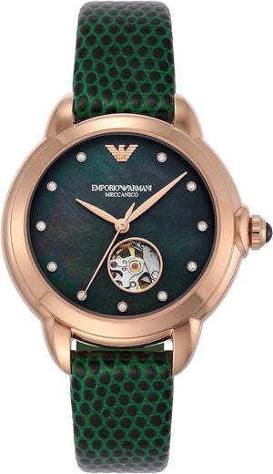 Emporio Armani Mia Meccanico Mother of Pearl Dial Green Leather Strap Watch for Women - AR60073