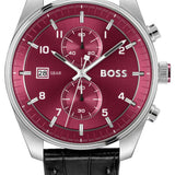 Hugo Boss Skytraveller Chronograph Burgundy Red Dial Black Leather Strap Watch for Men - 1514193 Authentic Buy Shop Now