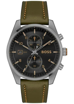Hugo Boss Skytraveller Chronograph Black Dial Green Leather Strap Watch for Men - 1514148